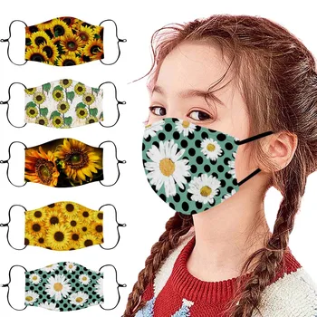 

5PCS Cotton Washable Reusable Face Mask Fashion Children Breathing Print Adjustable sunflower Mouth Mask With Design Mascaras