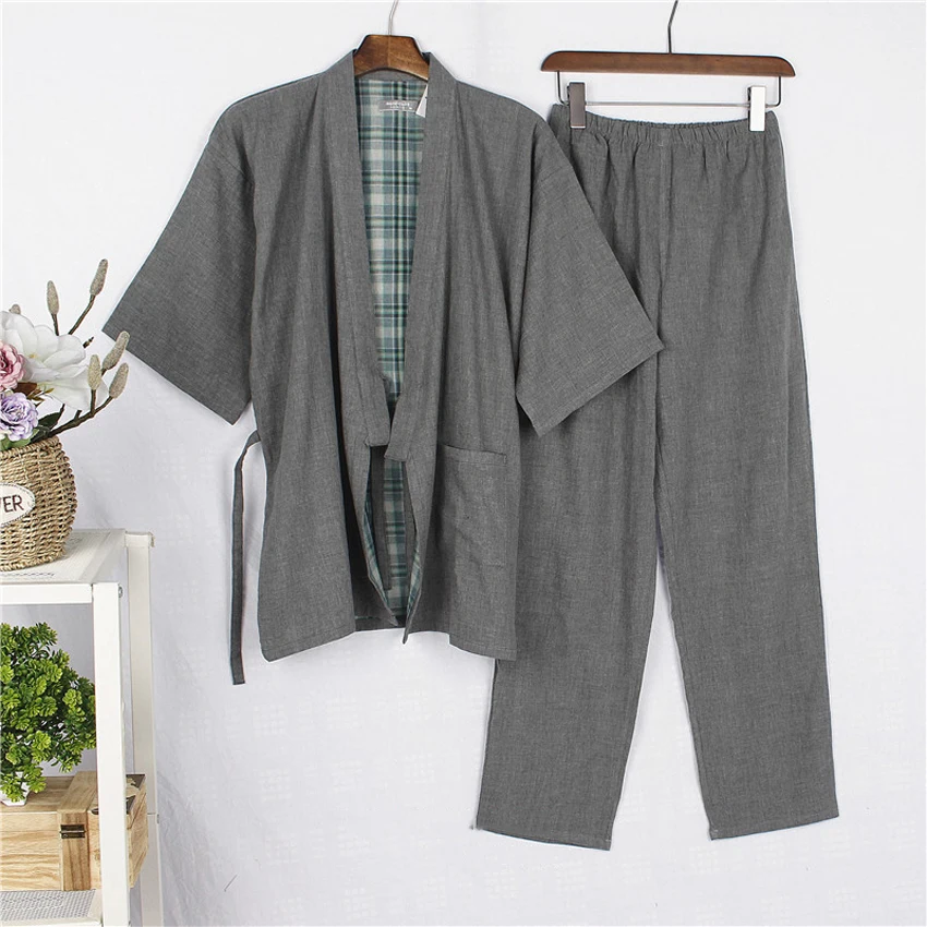 Color10 Хлопковое японское кимоно, одежда для сна для самураев, мужские топы Haori+ штаны, комплект одежды, традиционная Мужская пижама-кимоно, ночная рубашка Jinbei - Цвет: Color10