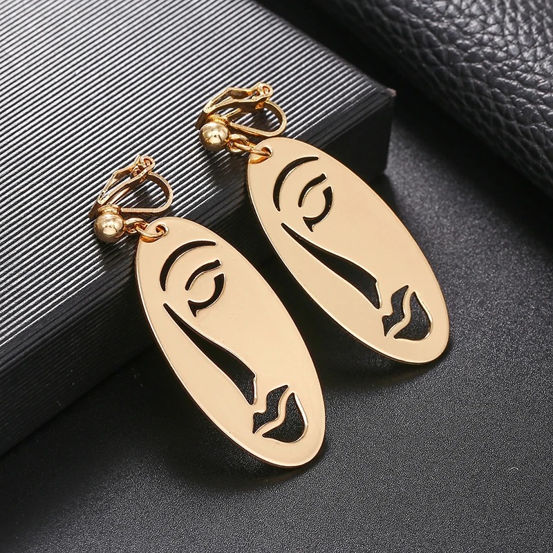 Abstract Stylish Hollow Out Face Earrings Clip Girls Statement no hole, ear clip earrings, clip earrings, ear clip