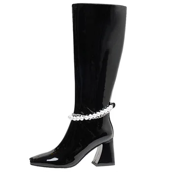 

Cow Patent Leather Pearl Chain Thick Heel Knee-High Boots Women Shoes Fall Winter Shiny Square Toe 7.5cm Back Zip Botas Feminina