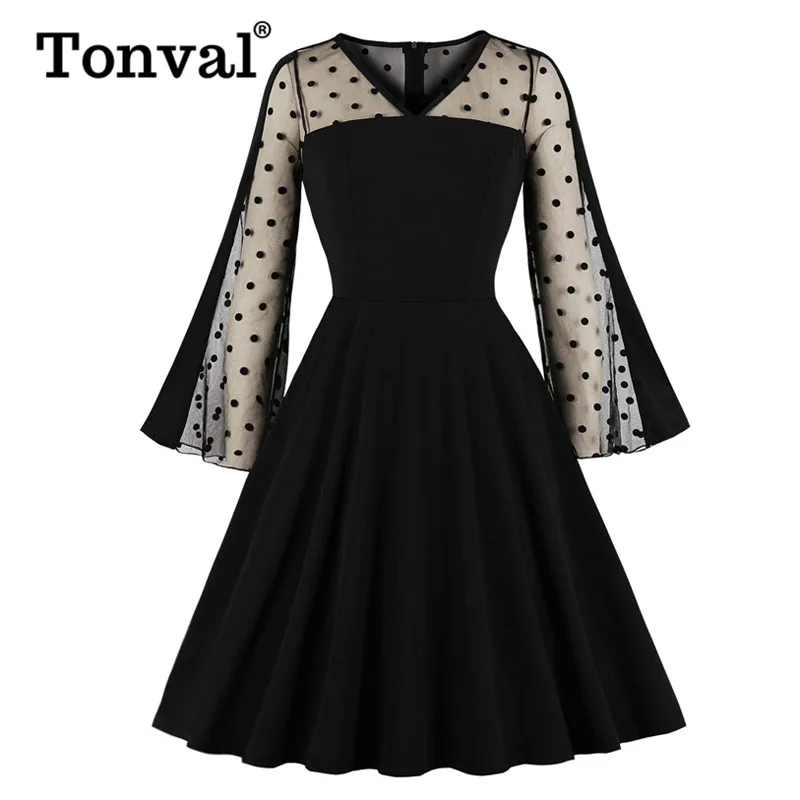 

Tonval Contrast Polka Dot Mesh Flare Sleeve Long Sleeve Black Dress Women Spring Elegant Party Lady Cute Swing Dresses