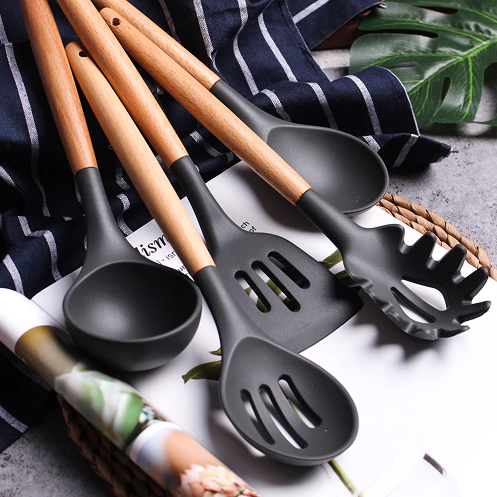 911PCS Silicone Cooking Utensils Set Non-stick Spatula Shovel Wooden Handle Cooking Tools Set With Storage Box Kitchen Tools (5)