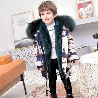 White Tree Green Fur Зимние детские парки с натуральным мехом Куртка с граффити меховые куртки для мальчиков теплая одежда для девочек съемная подкладка из меха кролика - Цвет: White Tree Green Fur
