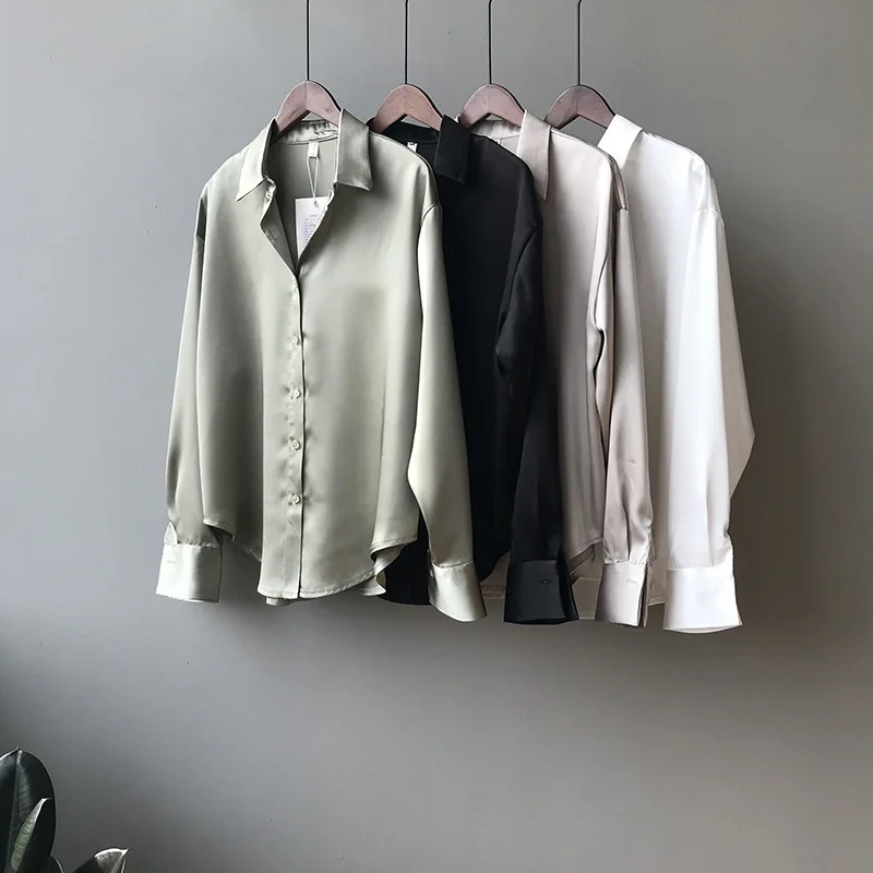 Camisa de seda satinada con botones para mujer, camisa vintage holgada de manga larga para Calle, color blanco, negro y azul, novedad de Otoño de 2020