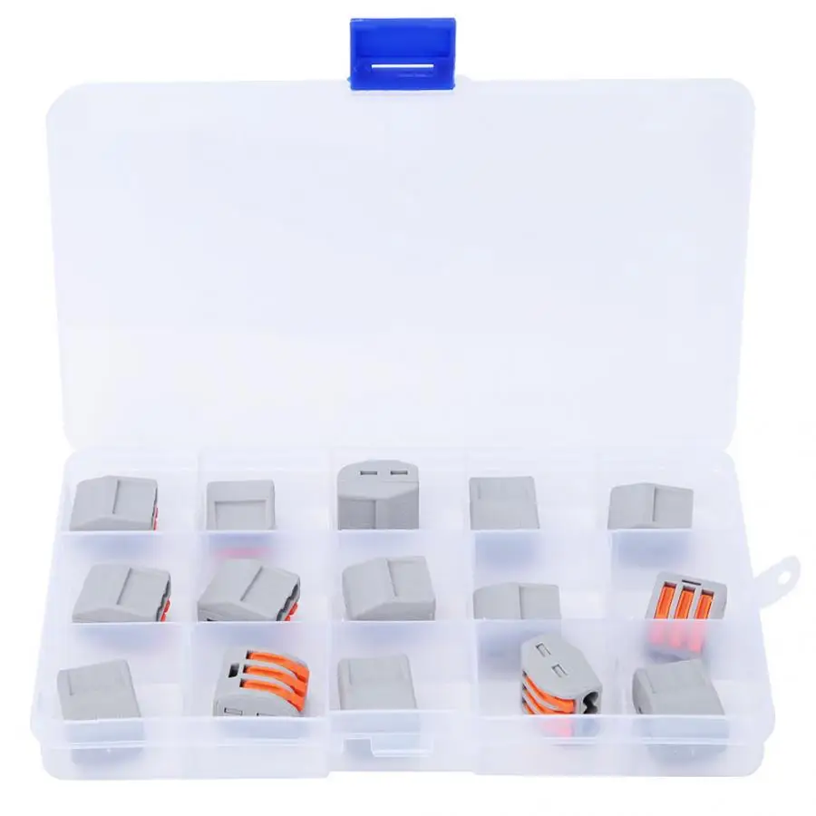 Wire Connector 15pcs 3 Way Spring Lever Terminal Block Reusable Electrical Wire Cable Connector with Box Terminal Connector