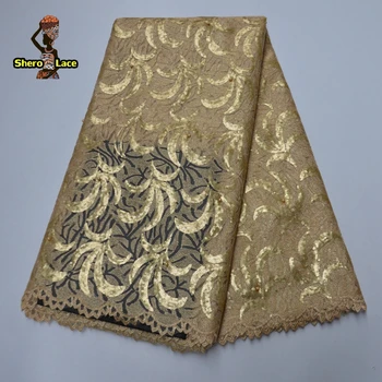 

Gold Color African French Organza Net Lace Fabric For Women Dress Embroidered Nigerian Tulle Lace Fabric With Sequins