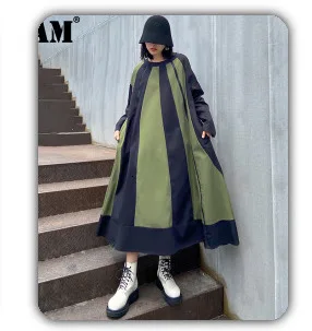 [EAM] Women Red Pattern Printed Big Size Dress New Stand Collar Long Sleeve Loose Fit Fashion Tide Spring Autumn 2020 1DA115