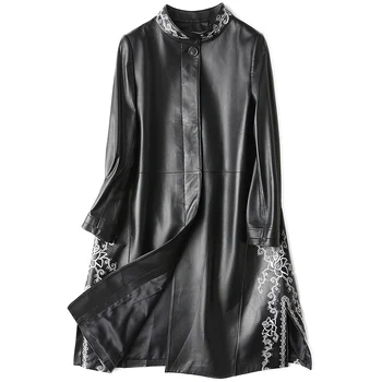 

100% Sheepskin Leather Jacket Women Sobretudo Feminino embroidery jackets Spring Autumn HQ18-ZYZ8114A MF191