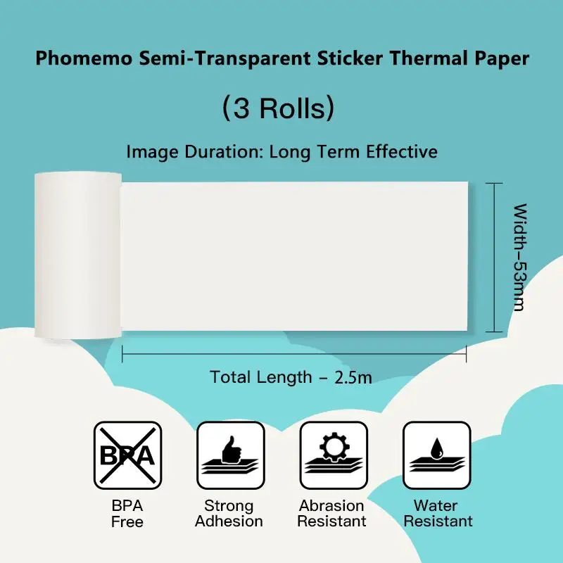 Phomemo Semi-Transparent Sticker Thermal Paper, Self-Adhesive for Phomemo-M02/M02S Mini Bluetooth Pocket Printer，50mm x 2.5m