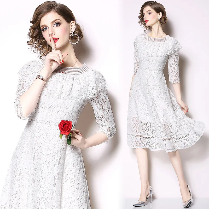 

10052019 Spring And Summer New Style Ladies' off-Shoulder Lace Mid-length Dress