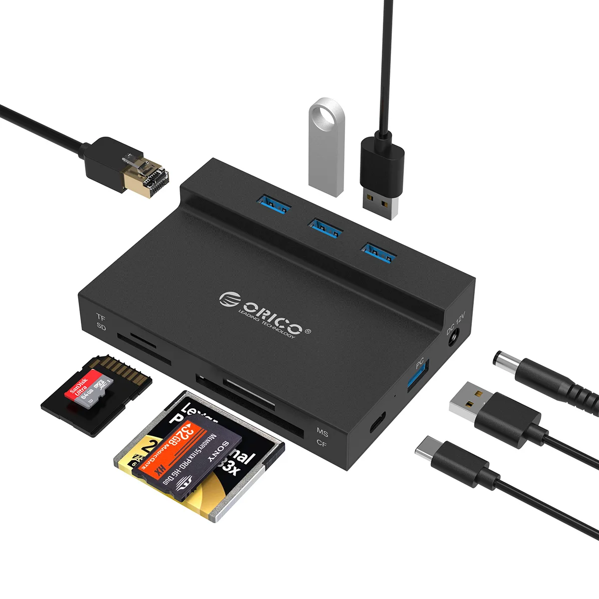 ORICO USB 3.0 HUB to Multi USB3.0 RJ45 SD/TF/MS/CF Type C Adapter Splitter Card Reader Dock Support BC1.2 Charging For Computer