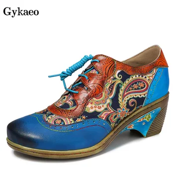 

Gykaeo Spring Bohemian Style Printed Floral Women Genuine Leather Shoes Woman Med Heels Lace-up Cowhide Pumps Zapatos De Mujer