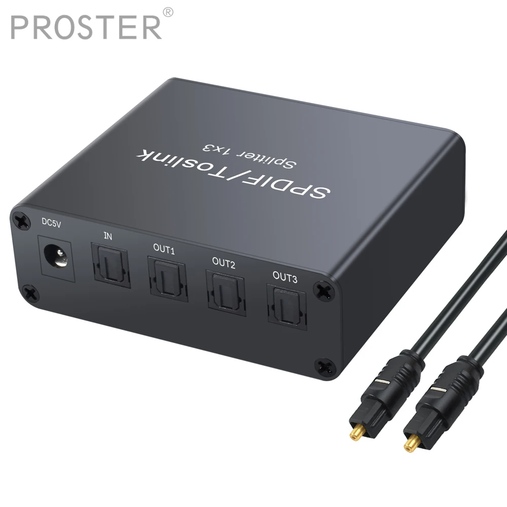 

Proster 1x3 Toslink Splitter 3 Port SPDIF Toslink Optical Digital Audio Splitter 1 In 3 Out Support LPCM 2.0 DTS DAC Converter