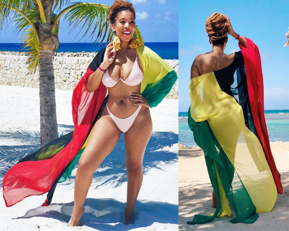 

2019 Summer Rainbow Color Swimsuit Bikini Cover up Women Sexy Holiday Beach Swimwear Beachwear Long Dress Chiffon Cardigan Shirt
