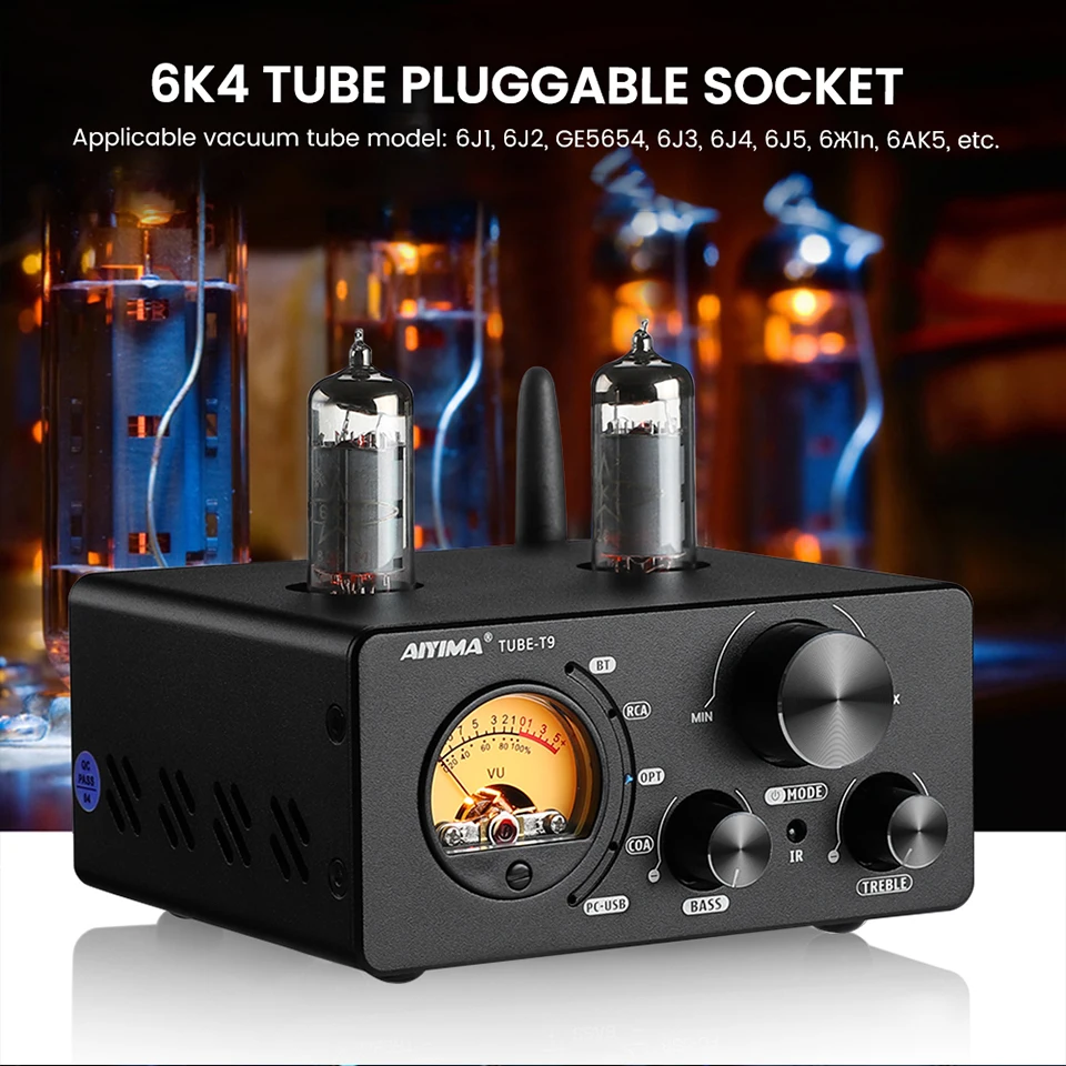 AIYIMA T9 HiFi Bluetooth 5.0 Vacuum Tube Amplifier USB DAC Stereo Amplificador COAX OPT Home Audio Power Amplifier VU Meter 100W