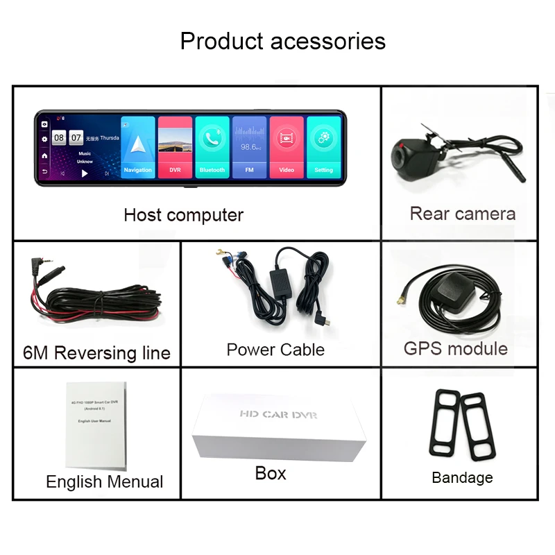 12" Car Rear View Mirror Video Recorder 2GB+32GB 4G ADAS GPS Navigation Android 8.1 DVR Dual Lens Recording Dash Camera Free Map