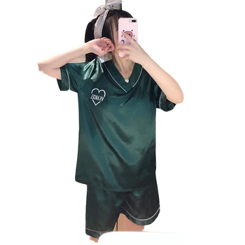 

Service Suit Simulation Silk Sexy Outer Wear Suit V-Neck Ice Silk Pajamas Women'S Short-Sleeved Shorts Summer Silk Home