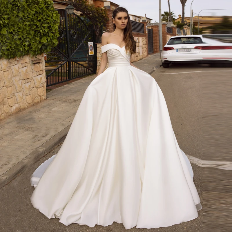 

New Off the Shoulder Wedding Dress Satin Ruched Top A Line Simple Elegant Bridal Gowns for Women Tv26