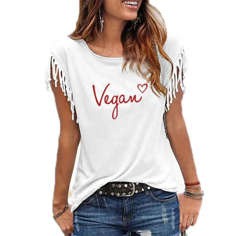 

2019 Fashion O Collar T-Shirt For Women Vegan Letters Print Plus Size Tumblr Size Streetwear