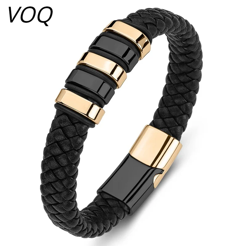 Black Genuine Leather Wristband Gold Stainless Steel Magnetic Clasp Bracelet Men 