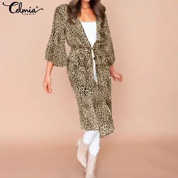 

Sexy Transparent Leopard Print Long Kimono Cardigan Women Chiffon Blouses Shirts Celmia 2020 Summer Beach Cover Up Tops S-5XL