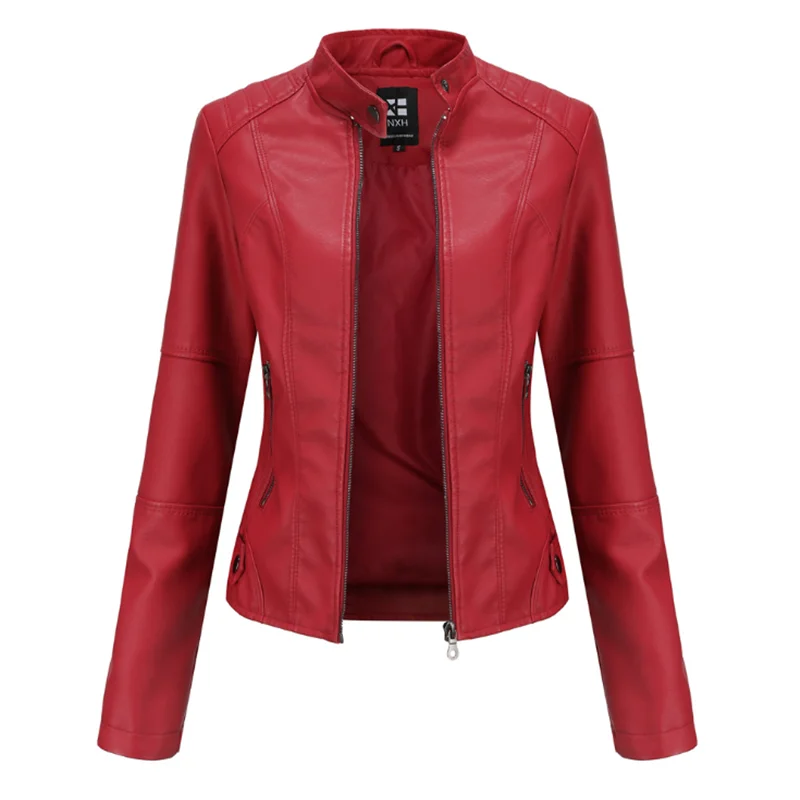 New Spring Women's Leather Slim Fit Jacket Thin PU Jacket Ladies Motorcycle Wear Large Size Stand-up Collar Leather Jacket