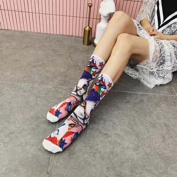 

2019 Web Celebrity Oil Painting Socks 3D Personalized Printing Street Style Socks Female Painted Animal Cartoon Tube Tide Socks