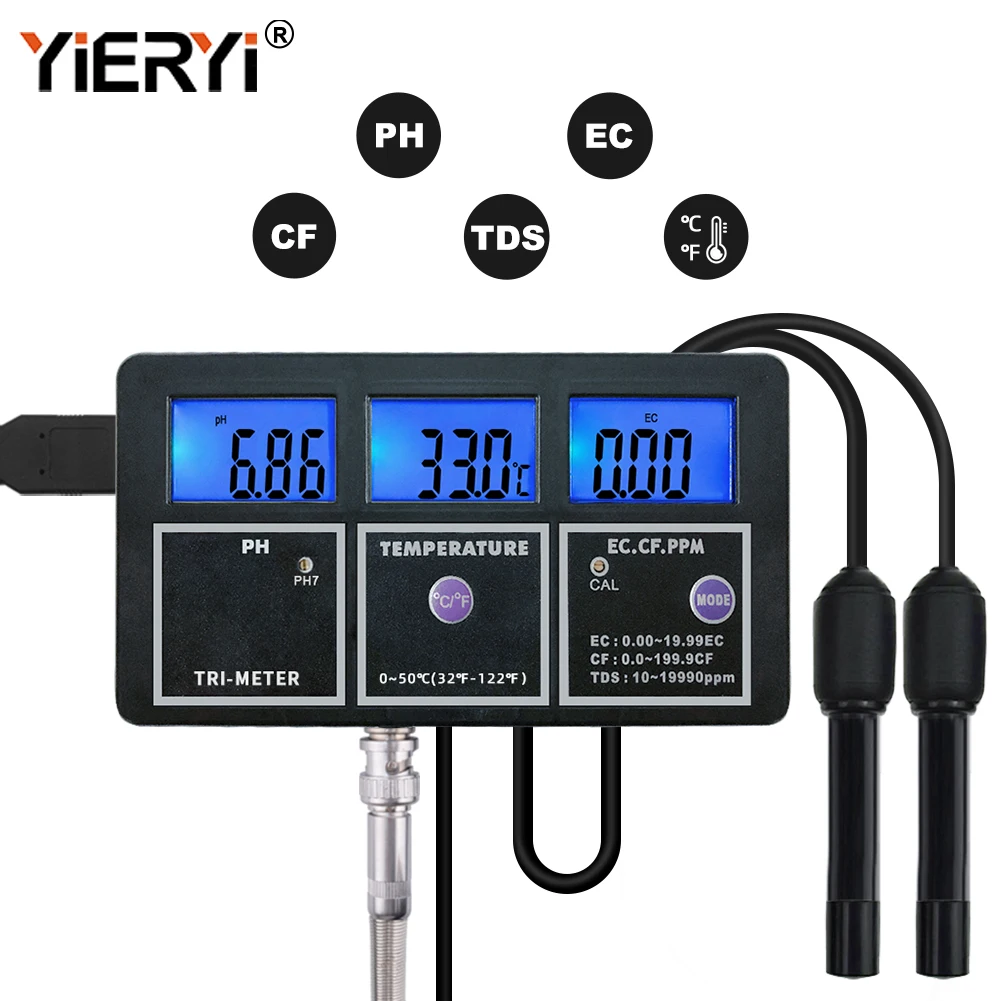 Yieryi цифровой 5 в 1 PH EC TDS CF TEMP тестер качества воды профессиональный онлайн PH-метр