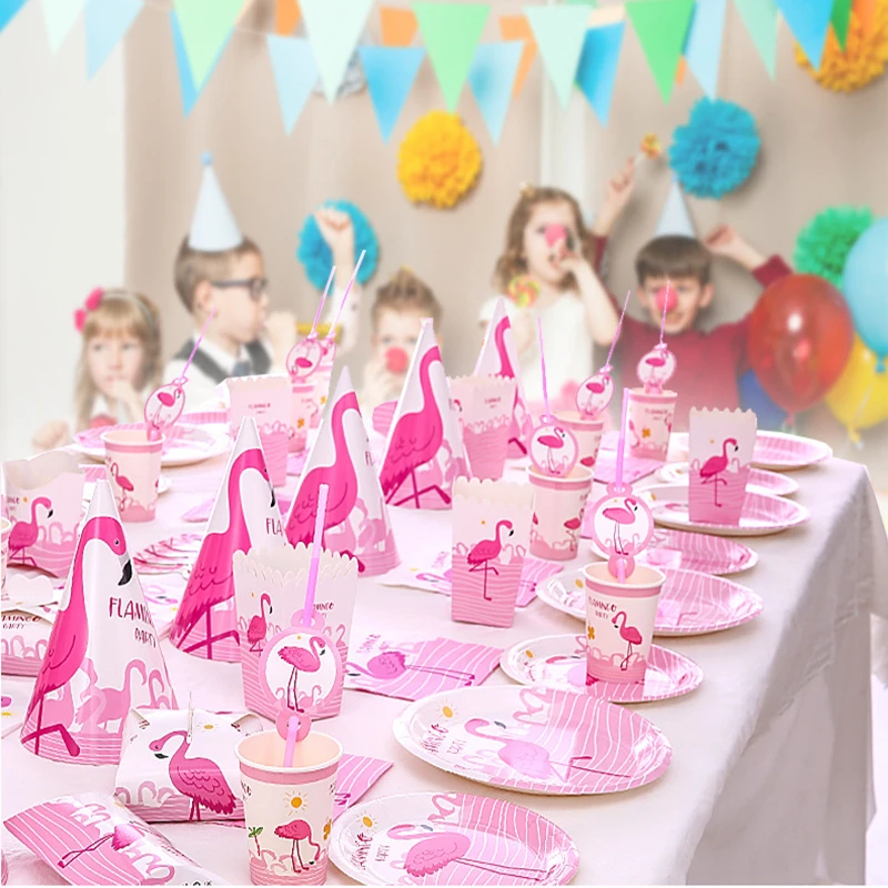 Одноразовая посуда для вечеринки в честь Дня рождения с фламинго, бумажная тарелка, чашка, флаг, баннер, салфетка для детского душа, вечерние принадлежности для украшения фламинго, Q