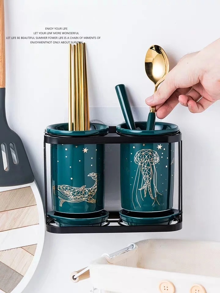 Kitchen Storage Box Ceramic Chopsticks Tube Drain Rack Spoon Bucket Knife Fork Tableware Holder Racks Kitchen Utensil Holder