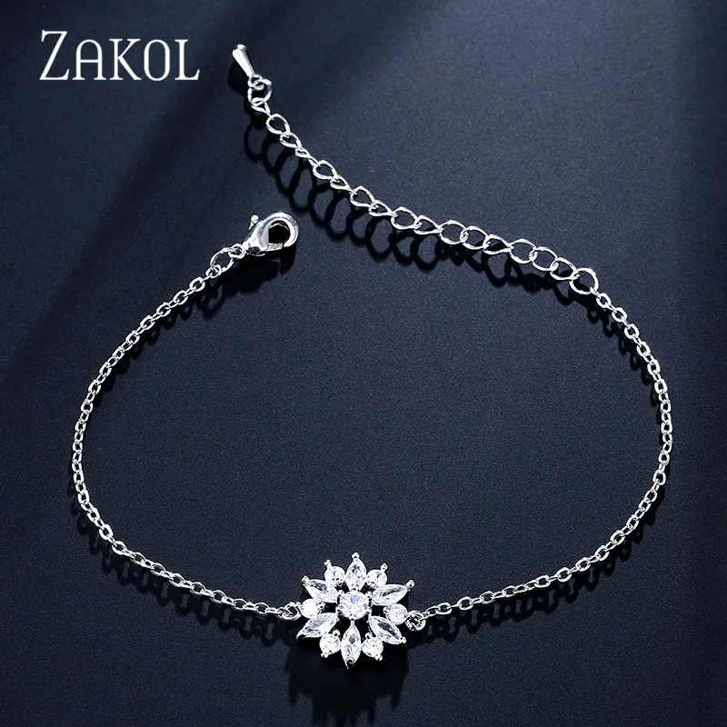 Модные браслеты ZAKOL из розового золота с цветком, браслеты с прозрачными кристаллами циркония, браслеты для женщин, ювелирные изделия Brincos FSBP2155