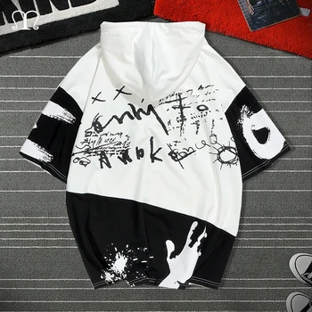 

Hip Hop T-shirt Men Summer 2020 Printed Streetwear Short Sleeve Casual Cotton Hooded Mens T shirts Hight Steet Hoodies Outwear