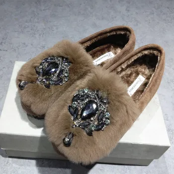 

Luxury Glitter rhinestone moccasins ladies flat heels platform plush loafers comfort slip-on espadrilles warm winter shoes