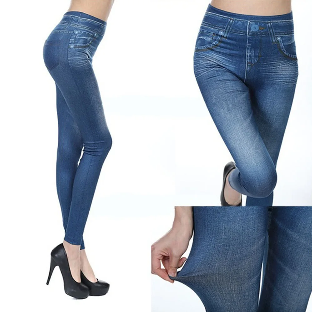 Women Slim Fashion Leggings Faux Denim Jeans Woman Fitness Pants Jeggings Leggings Pocket Printing Casual Pencil Pants Plus Size