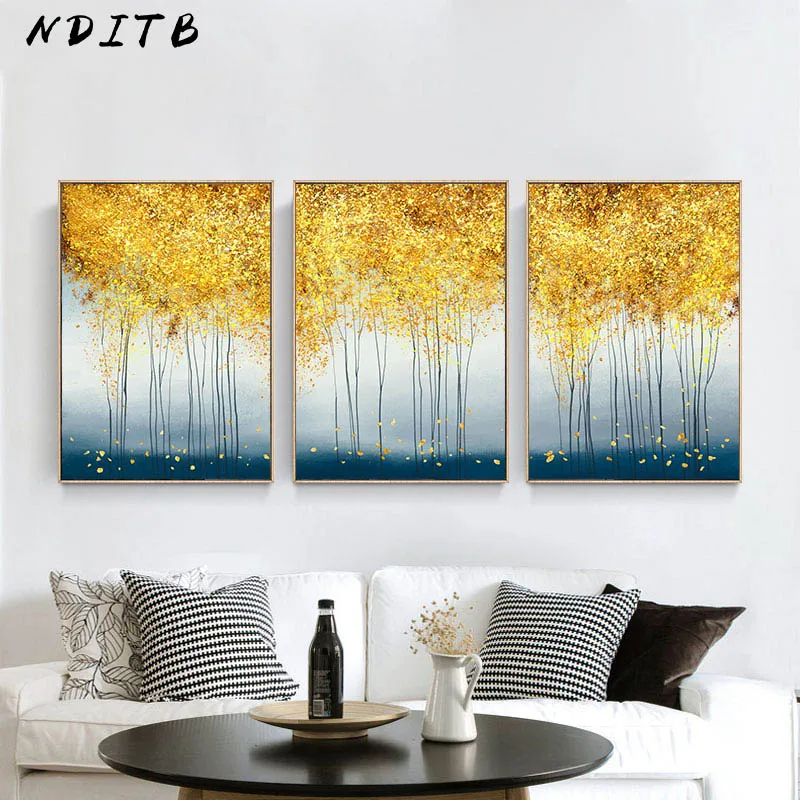 

Abstract Forest Golden Leaf Art Poster Nordic Landscape Canvas Print Wall Painting Modern Style Decorative Picture Home Decor