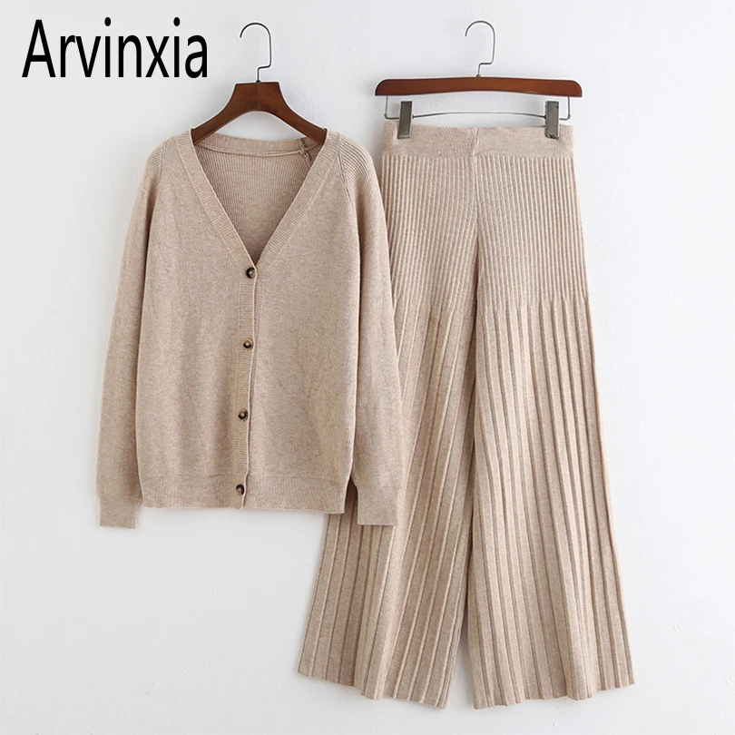 Arvinxia ZA Повседневный однотонный вязаный осенний Женский комплект из 2 предметов, свитер с длинными рукавами и глубоким v-образным вырезом, свободные и женские штаны, стильный комплект