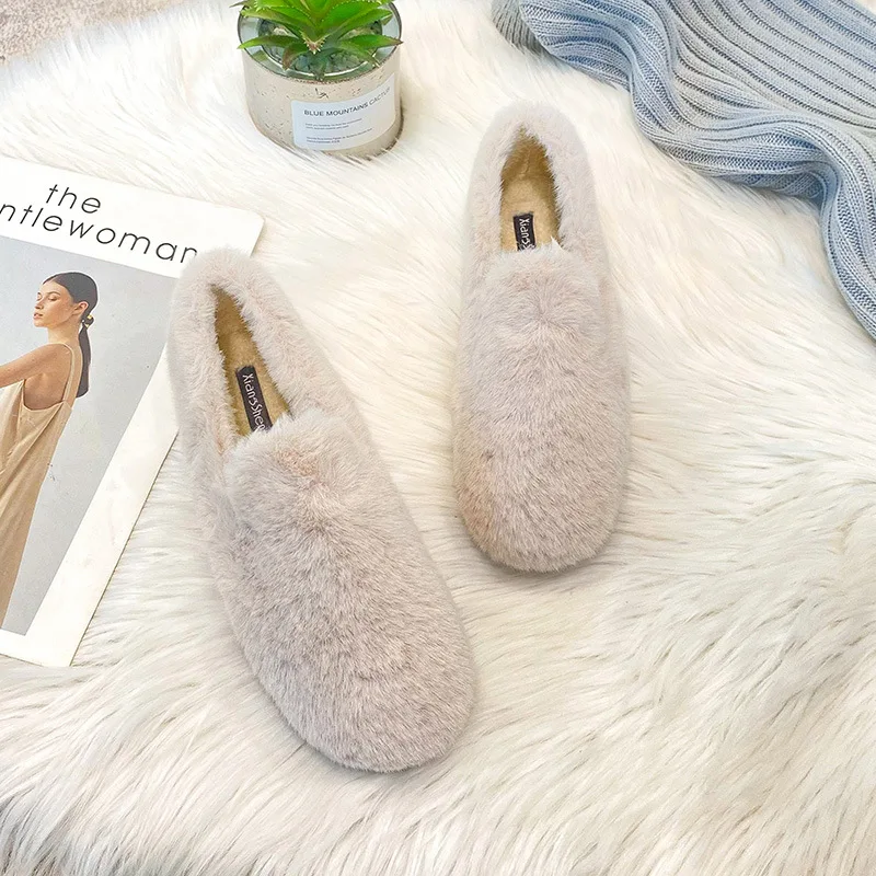 Chic Mink fur loafers female winter cotton shoes women solid comfy shearling moccasins warm plush flats woman plus size 34-43 2