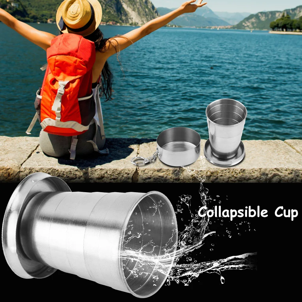 Household 60ml 150ml 250ml Stainless Steel Camping Folding Cup Portable Outdoor Travel Demountable Collapsible Cup With Keychain