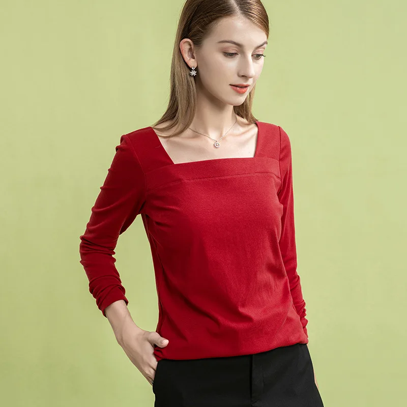 

Women Long Sleeve Tshirt Woman 2020 Fall Tops Casual Tee Shirt Femme Shintimes Basic Solid Cotton T-Shirt Square Collar T Shirts