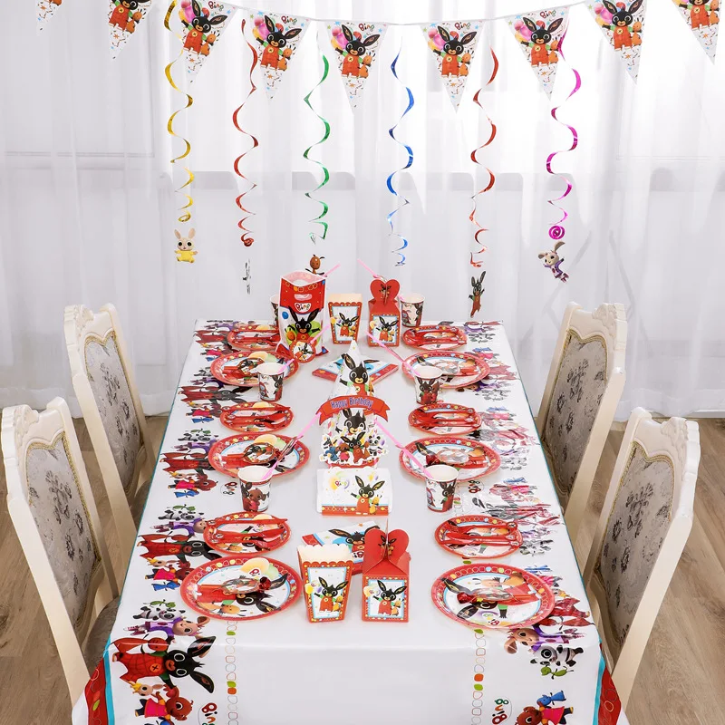 Bing-decoraciones para fiesta de conejo, globo para niños, bolsa de regalo, tazas, platos, cuchillos, cucharas, servilletas, Pajita, suministros de vajilla desechables