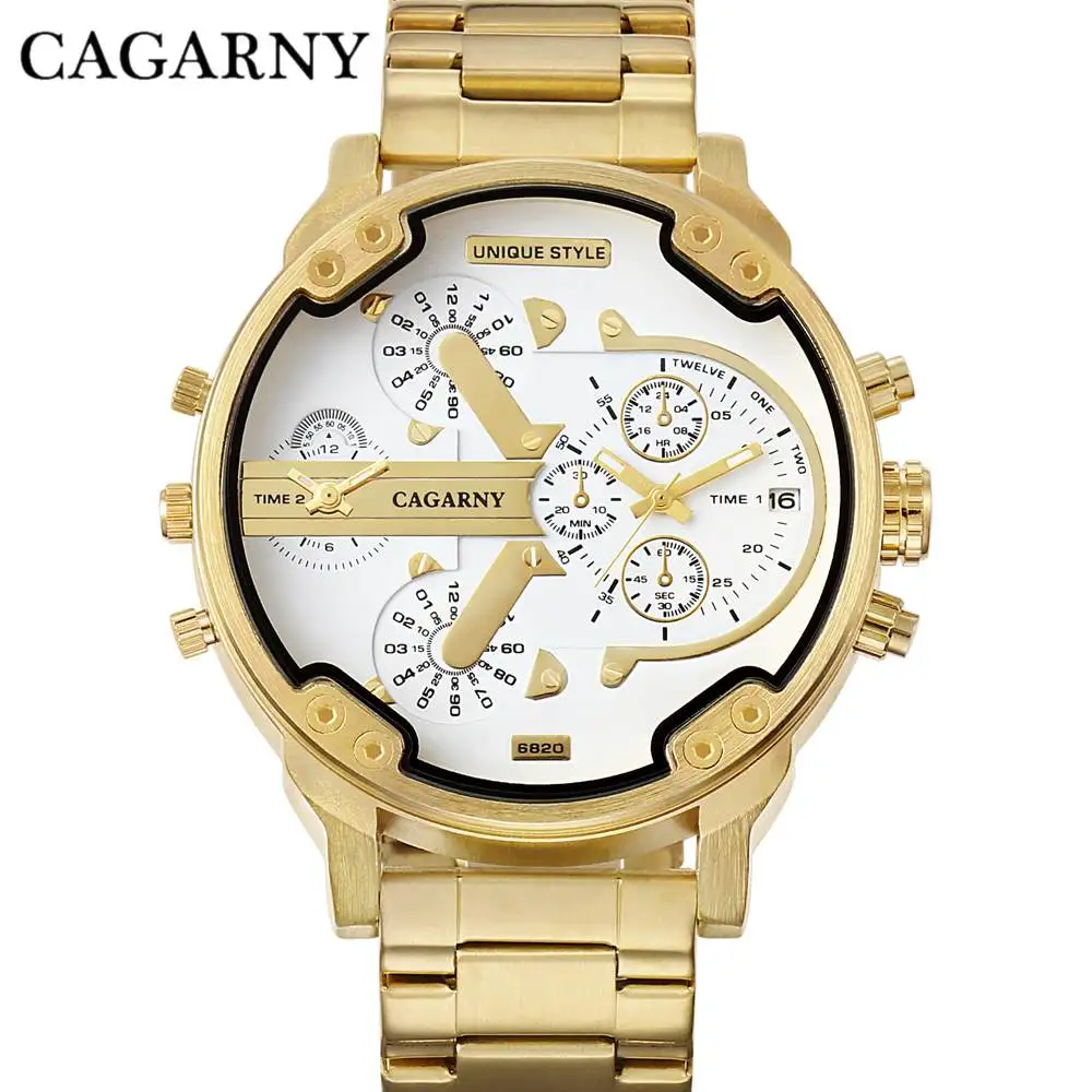 

Luxury Brand Watch Men Gold Steel Bracelet Strap Quartz Watches Big Size Two Time Zone Male Military Wristwatch