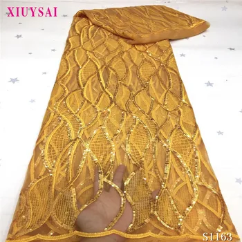 

Latest African Lace Fabric 2020 High Quality Gold Embroidered French Lace With Sequins Nigerian Lace Fabrics For Wedding Dress