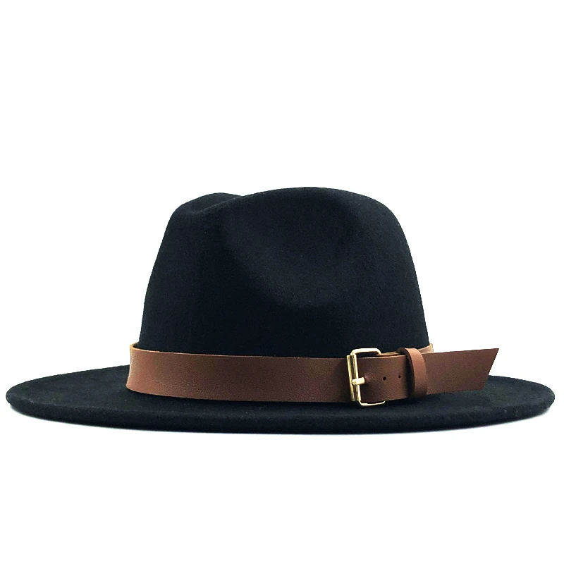 Новая женская и Мужская шерстяная шляпа Fedora с кожаная лента джентльмен элегантный Леди Зима Осень широкий джазования с полями церкви Панама сомбреро