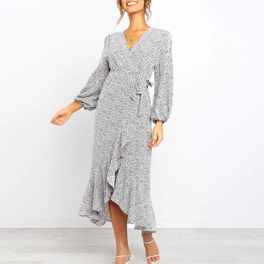 

Plus Size Women Dress Dot Printed Long Sleeve V-Neck Asymmetric Bandage Casual Dress Autumn Winter Long Dresses Elegant Vestidos