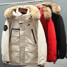 Бежевая, красная, черная-51 градусная зимняя мужская Толстая теплая парка с капюшоном и вышитыми буквами, 81% белая куртка-пуховик на утином пуху, пальто-Карго