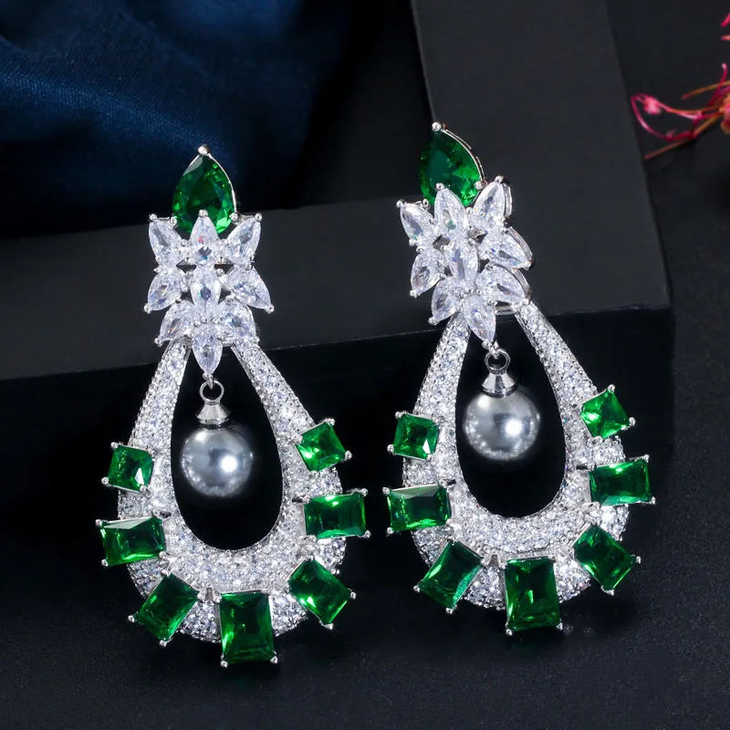 green CWWZircons роскошные квадратные изумрудно-зеленые кубические циркониевые Кристаллы Длинные висячие серебряные свадебные серьги с серым жемчугом CZ632 - Цвет камня: green