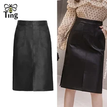 Tingfly Женская Сексуальная Мягкая юбка-карандаш из искусственной кожи, осенняя Женская облегающая юбка средней длины с разрезом сзади, повседневная юбка из искусственной кожи, большие размеры