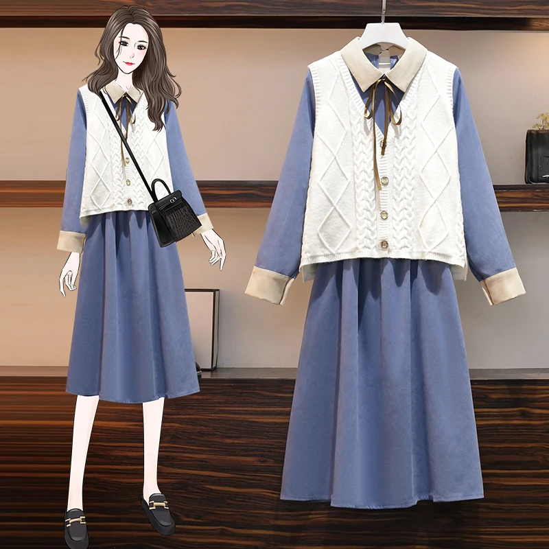 

L-4XL Fashion Plus Size Women's Autumn Winter Knitted Korean Sardigan Vest Long Sleeve Dress Suit Retro Shirt Dresses