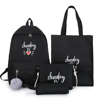 

4Pcs/Set Canvas Backpack Set Letter Printing Shoulder Bag Ladies Backpack Pencil Bag Large Capacity Knapsack Casual Rucksack