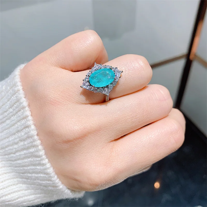 Qtt Anello Di Lusso Uovo Femminile Tormalina Pietra Smeraldo Paraiba Anelli Argento Ridimensionabile Matrimonio Fidanzamento Promessa Anello Gioielli